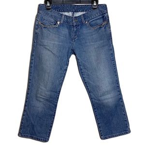 Guess Denim Jean Capris Size 10 Embroidered Logo Back Pocket Rhinestones